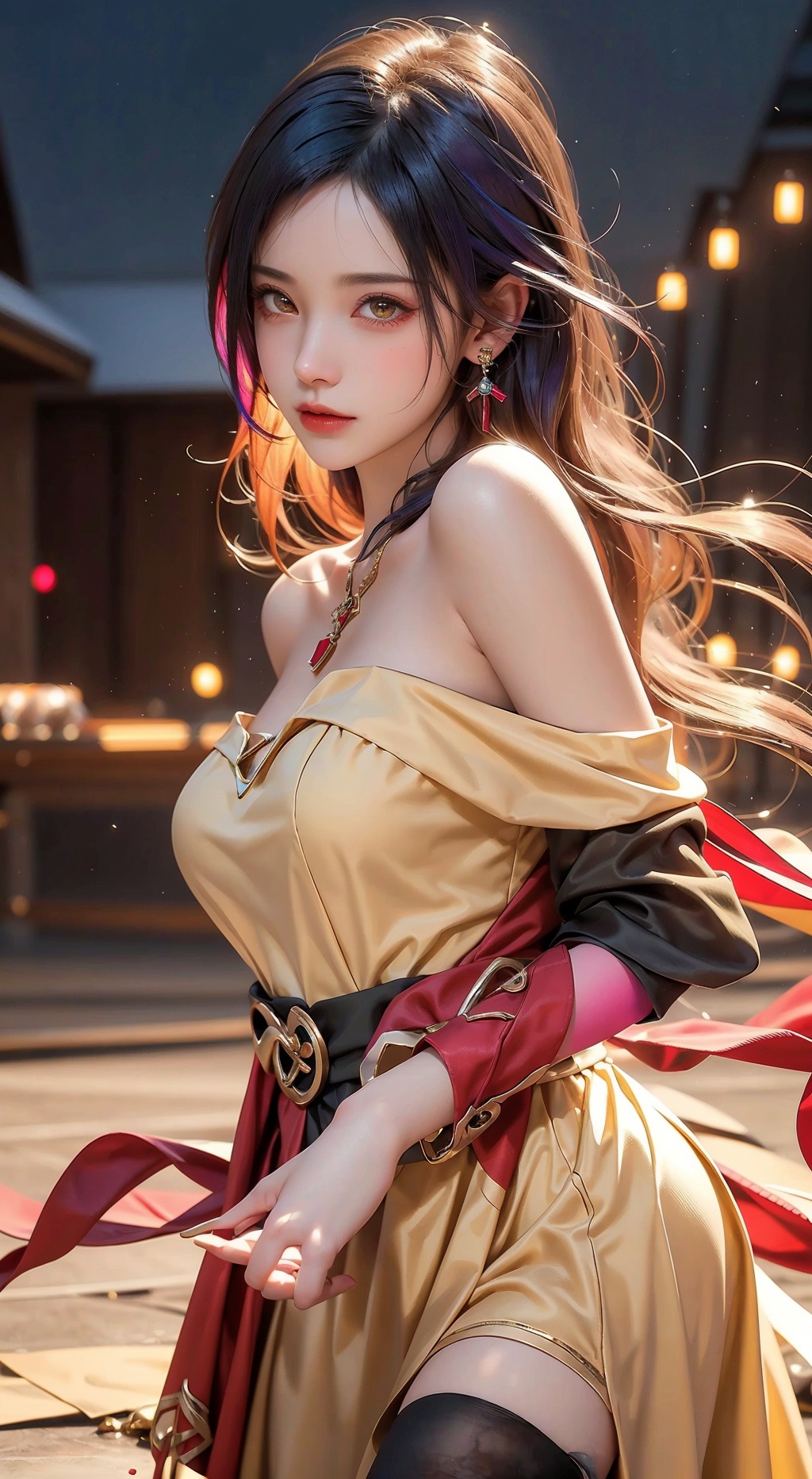  1girl,Bangs, off shoulder, colorful_hair, ((colorful hair)),golden dress, yellow eyes, chest, necklace, pink dress, earrings, floating hair, jewelry, sleeveless, very long hair,Looking at the observer, parted lips, pierced,energy,electricity,magic,tifa,sssr,blonde hair,jujingyi, christmas,skirt,thighhighs,white_dress