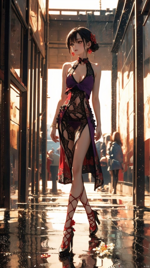  1girl, full body, (long legs), earrings, red choker, hanfu, high heels, (flower_print:1.2),city,street,(flower rain), hair stick,purple,lace up socks, qipao,vivid,colorful