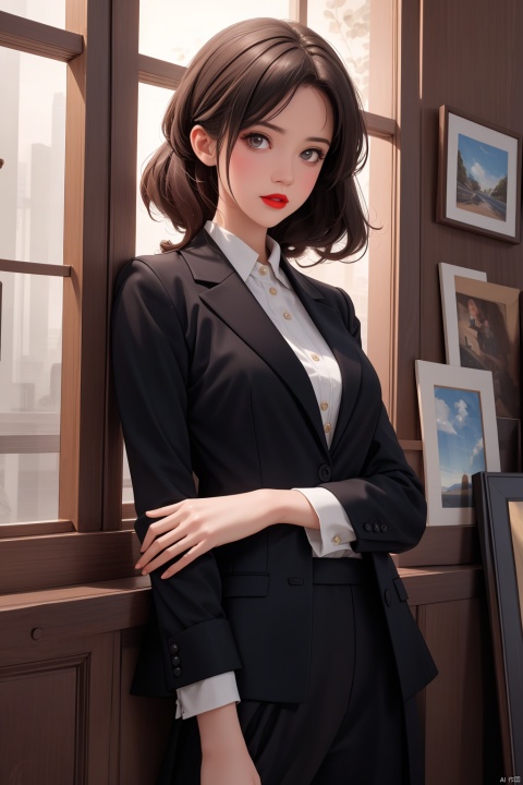 (best quality), ((masterpiece)), (highres), illustration, original, extremely detailed,a woman in a black suit and red lipstick, half body
