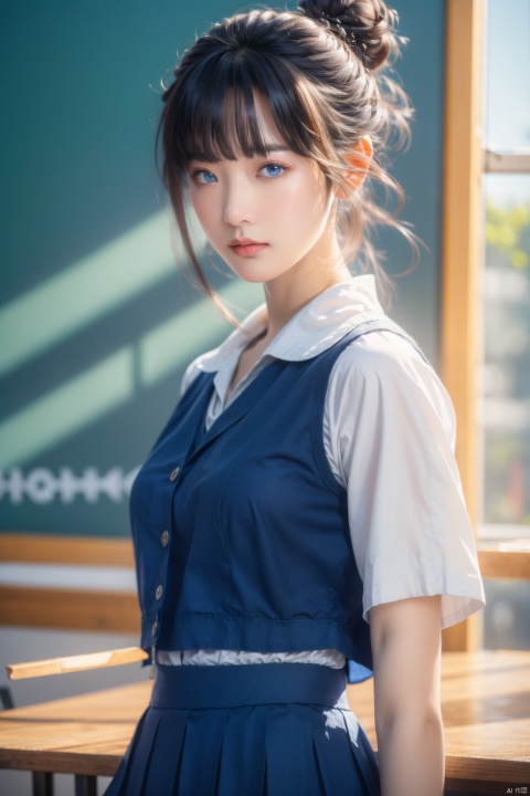  Ultra-realistic 8k CG,masterpiece,best quality,(photorealistic:1.4),HDR,absurdres,Professional,RAW photo,lens flare,(film grain:1.1),Bokeh,((Depth of field)),studio light,1girl,blue eyes,exquisite face,bangs,solo,best ratio four fingers and one thumb,portrait,upper body,Highly detailed,Professional,extreme detail description,looking at viewer,early morning serenity,standing,school_uniform,serafuku,microskirt,miniskirt,classroom,long hair,hair bun,curly hair, qiqiu, 1girl