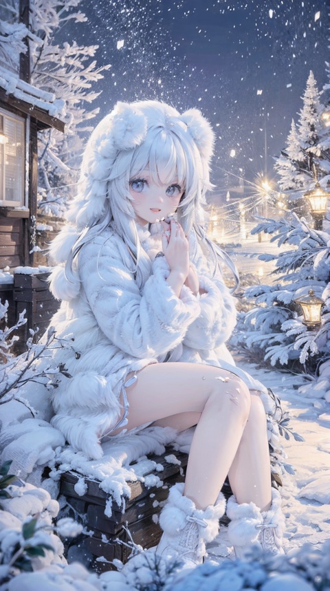  Alone blue shirt, blue sailor coat, change, full bodyesbian, White hair, Snow leopard ears, white backgrounid, White hood, a pink eyes, White cloak, Fur-trimmed snow leopard ear shawl, laughingly, Happy, White panty hose, fur trim boots, Red armbands, changbaishan muggle, Night scene, Wide angle,hdr