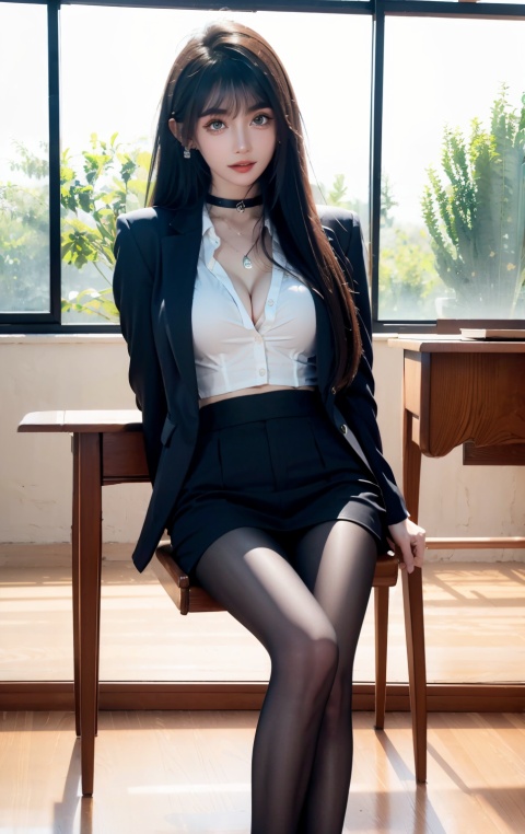 DSLR, (Good structure), 1girl, breasts, choker, cleavage, solo, jewelry, earrings, looking at viewer, long hair, , indoors, window, chair, classroom, shirt, uniform, lips, blue jacket, desk, jacket, black choker, day, brown eyes, long legs, white shirt, realistic, parted lips, ,fangfang, Girl