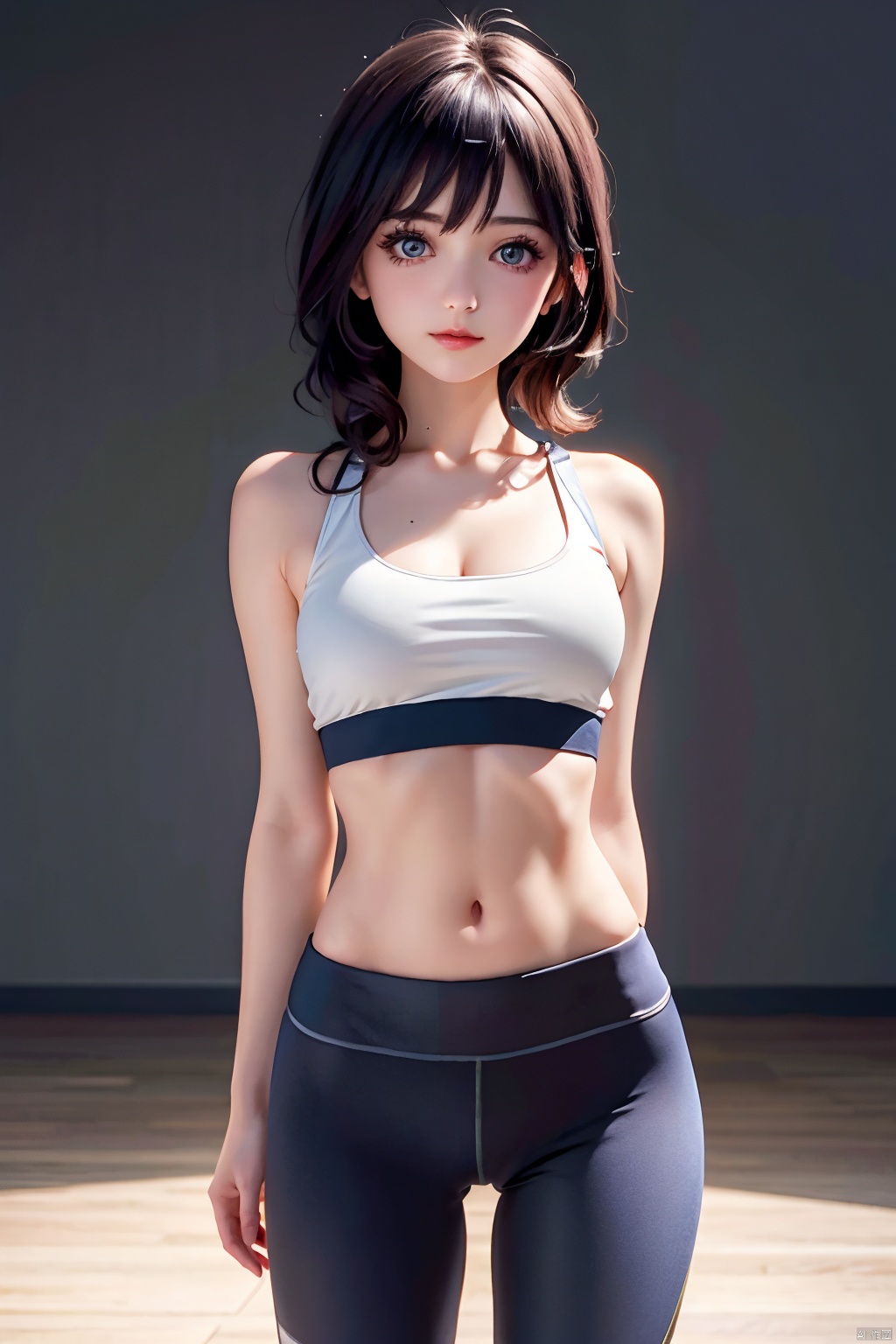  masterpiece,best quality,official art,extremely detailed CG unity 8k wallpaper, girl, solo, (arms behind back:1.4), bare shoulders, cleavage, clavicle, (yoga sports bra, yoga pants, yoga movement:1.1),