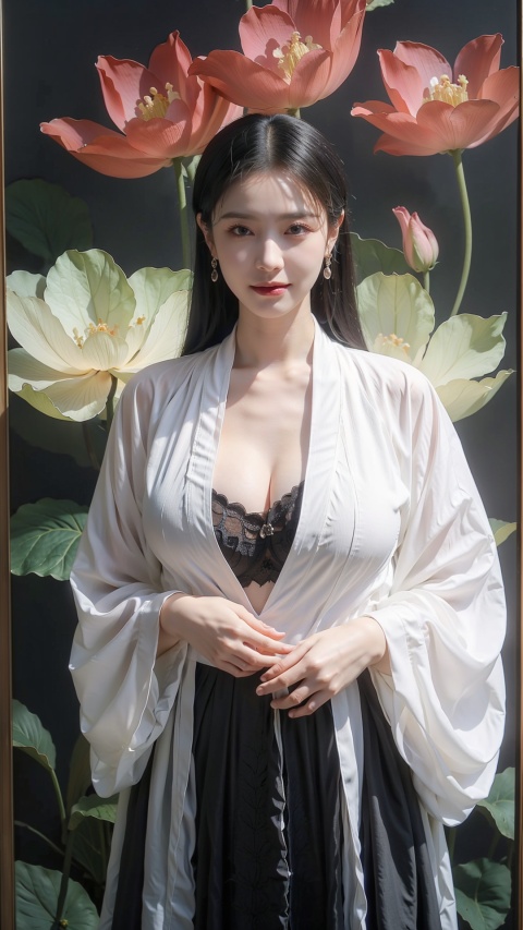  1girl, solo, Chinese clothes,long hair, smile, (big breasts:1.39),butterfly, pale skin, bug, black hair, Hanfu, hime cut, bangs, bracelet, blunt bangs, jewelry, red eyes, (flower Theme),cowboy shot, (alive skin), GFSM, chang,moyou, black dress, chinese dress, tyqp, xiayuhe, wlqc, (big breasts:1.59)
