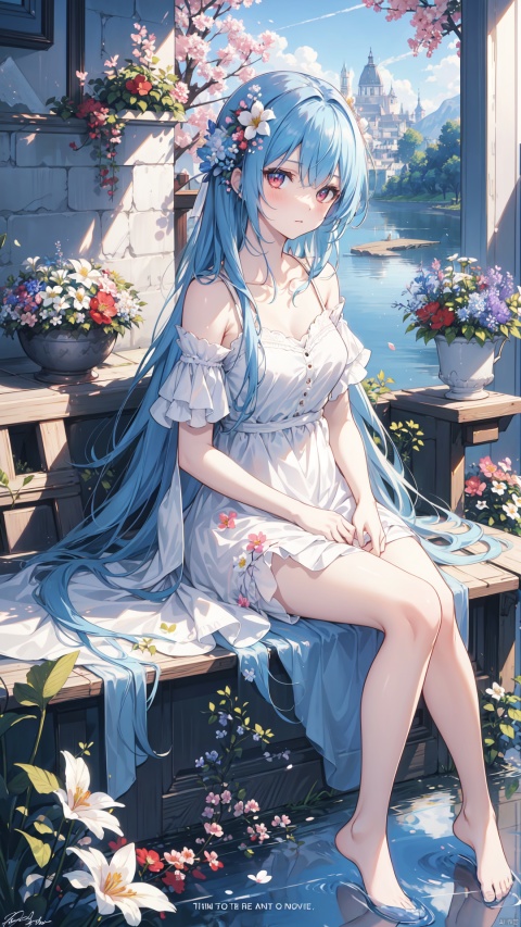  best quality, masterpiece, illustration, (reflection light), incredibly absurdres, (Movie Poster), (signature:1.3), (English text:1.3), 1girl, girl middle of flower, pure skyblue hair, red eyes, clear sky, outside, collarbone, loli, sitting, absurdly long hair, clear boundaries of the cloth, white dress, fantastic scenery, ground of flowers, thousand of flowers, colorful flowers, flowers around her, various flowers,
