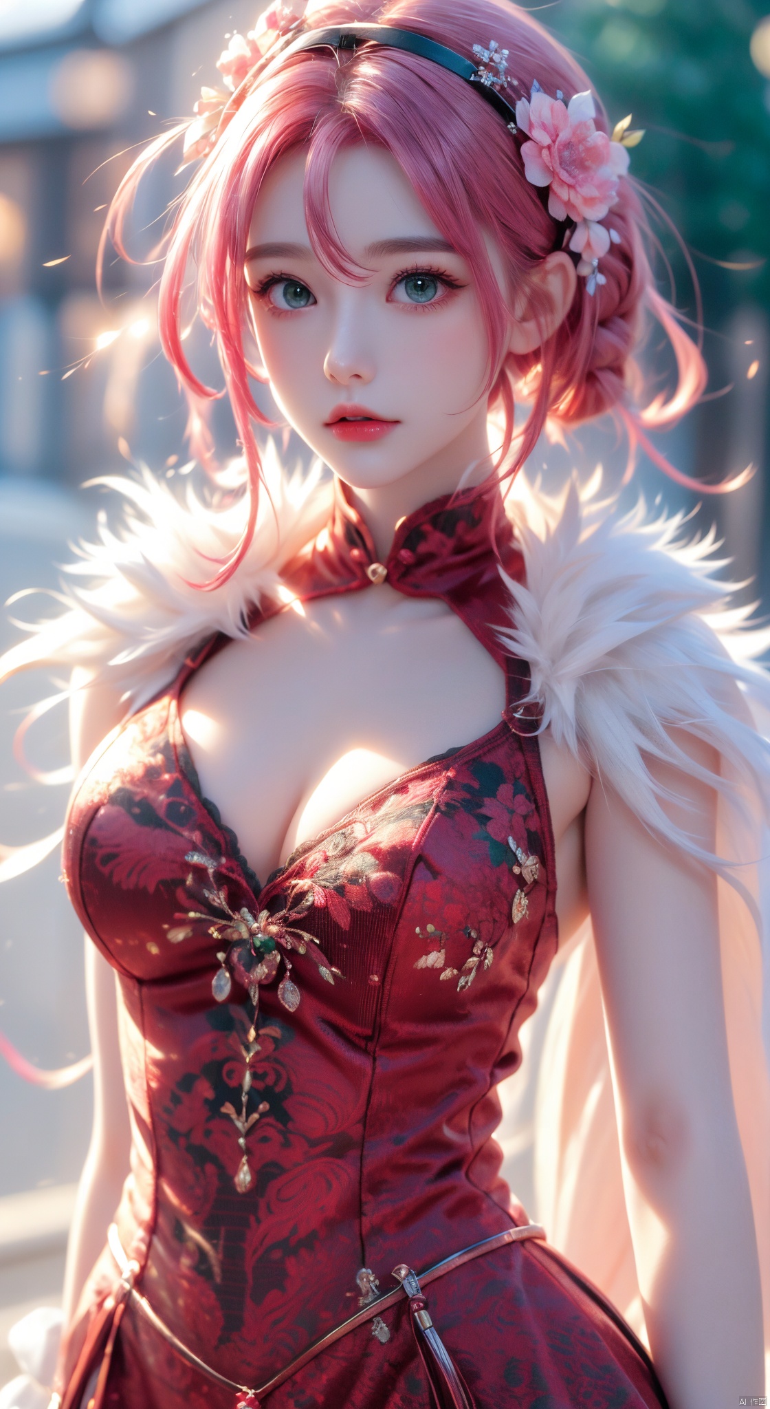 ,(face lighting:0.8),bright backlight,medium breasts,super high resolution,best quality,Photos,4k,(Realistic:1.2),xiaoyin,1girl,haruno sakura,solo,pink hair,short hair,gloves,green eyes,realistic,looking at viewer,hairband,
