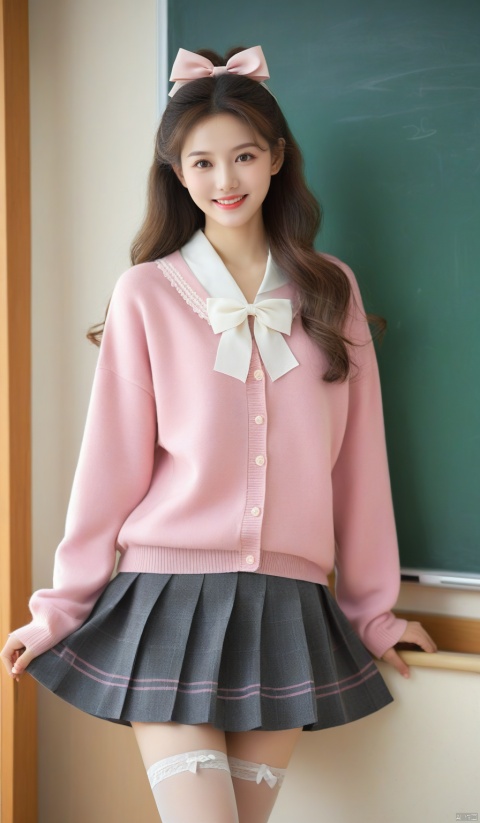 masterpiece, best quality, delicate face, (pretty girl), coat, shirt, skirt, pantyhose, interior, teacher, classroom, chalkboard, smile, perfect figure, Slim figure,(Big wavy hair:1.3),(long hair), (bow:1.2),(big breasts, huge breasts:1.3), chest tightness, backlight, ((delicate facial features)), delicate hairstyle, super fine, attention to facial details, ((extreme details)), masterpiece, perfect, first-class, highlights, bright and colorful tones, high resolution, 1 girl, gorgeously dressed, transparent,(sweater:1.3),tutuhh,white pantyhose, pink dress, china dress, dress,chinese clothes, brown bow, liuyifei