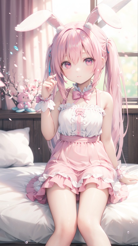 Anime girl with pink hair and rabbit ears sitting on bed, pink twintail hair and cyan eyes, cute anime waifu in a nice dress, Splash art anime Loli, portrait of magical girl, trending on artstation pixiv, Best Rated on pixiv, style of anime4 K, anime moe art style, humanoid pink female squid girl