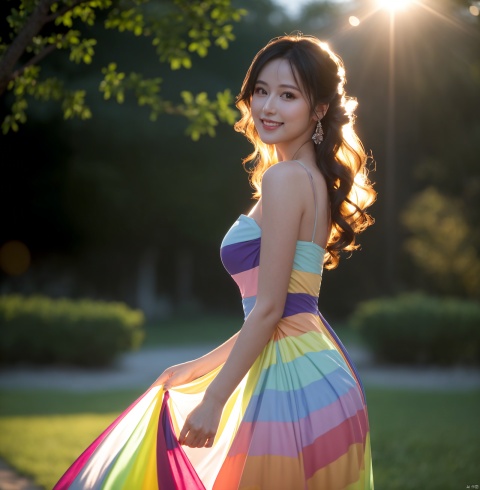  A mature woman stands in a thin-strapped multicolored dress (tight-fitting), illuminated by a gentle backlighting effect. Her silhouette is outlined softly, creating a dreamy and elegant atmosphere, (out door), (solo), (half body), jewelry, Wavy curls hair style,look at viewer, beautiful, masterpiece, high quality, very detail face, (big breast:0.6), Smiling ultra high resolution,cinematic light, detailed environment(real), motion blur, depth of field, ((perfect body)), , (masterpiece,best quality:1.5),