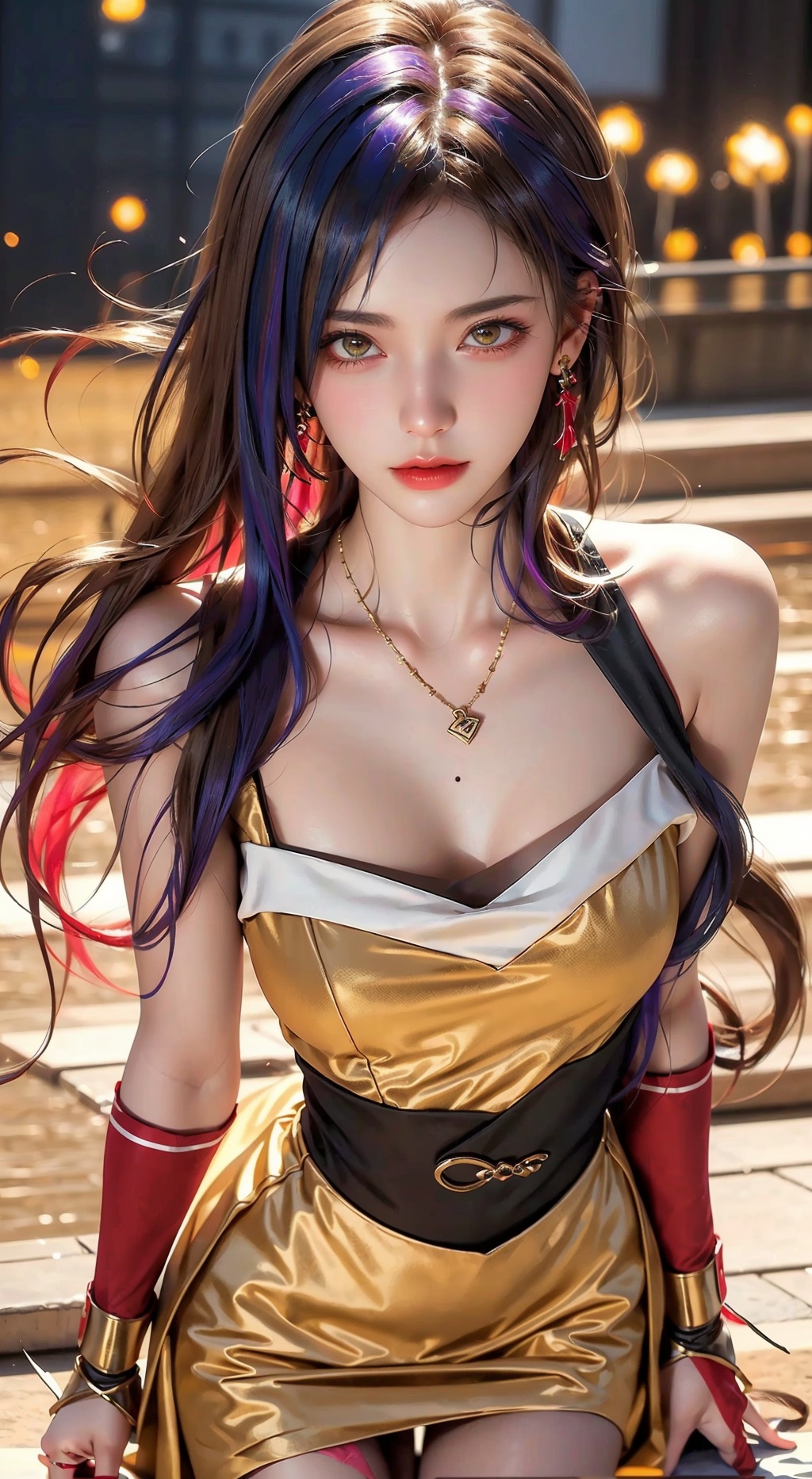  1girl,Bangs, off shoulder, colorful_hair, ((colorful hair)),golden dress, yellow eyes, chest, necklace, pink dress, earrings, floating hair, jewelry, sleeveless, very long hair,Looking at the observer, parted lips, pierced,energy,electricity,magic,tifa,sssr,blonde hair,jujingyi, christmas,skirt,thighhighs,white_dress