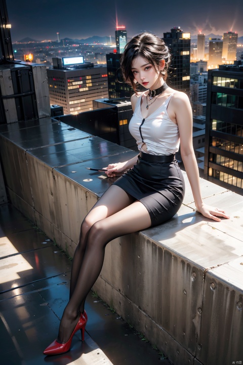  (extremely detailed CG unity 8k wallpaper),(ultra-detailed),masterpiece,best quality,,\\,,1 girl,robot cyborg realistic full body,black pantyhose,cyberpunk,sitting on roof,cityscape,night,building,skyscraper,multicolored hair,lift hair,from above,
, xiqing, 1girl,high_heels,pencil_skirt