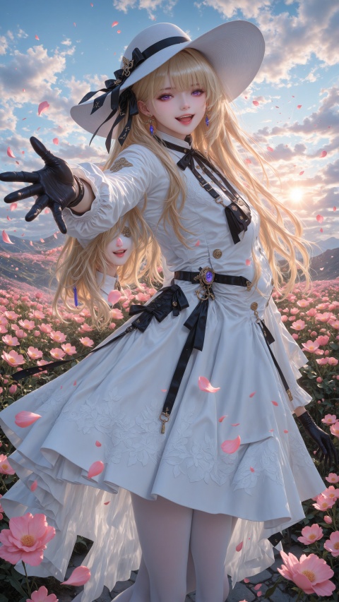 hycg,Phoebe\(wuthering waves\),zxww,hysp,Phoebe\(wuthering waves\),1girl,solo,long hair,looking at viewer,smile,open mouth,bangs,blonde hair,gloves,long sleeves,hat,dress,ribbon,jewelry,purple eyes,flower,pantyhose,earrings,outdoors,sky,black gloves,cloud,white dress,petals,feet out of frame,white headwear,outstretched arm,white pantyhose,sun hat, lighting,visual storytelling,fashion pose,((Tyndall Effect 1.4)),(wlop:0.6),((artist:reoen)),((artist:fuzichoco)),((artist:atdan)),((artist:torino_aqua)),year 2024:0.8,[artist:wlop],[artist:ningen_mame],artist:ciloranko,[[artist:rhasta]],artist:tidsean,colorful,best quality,very aesthetic,absurdres,32K UHD,sharp focus,best-quality,Emotionalization,temperate atmosphere,with a high-end texture,in the style of fashion photography,Dynamic,impactful picture,(Visual impact:1.2),official art,