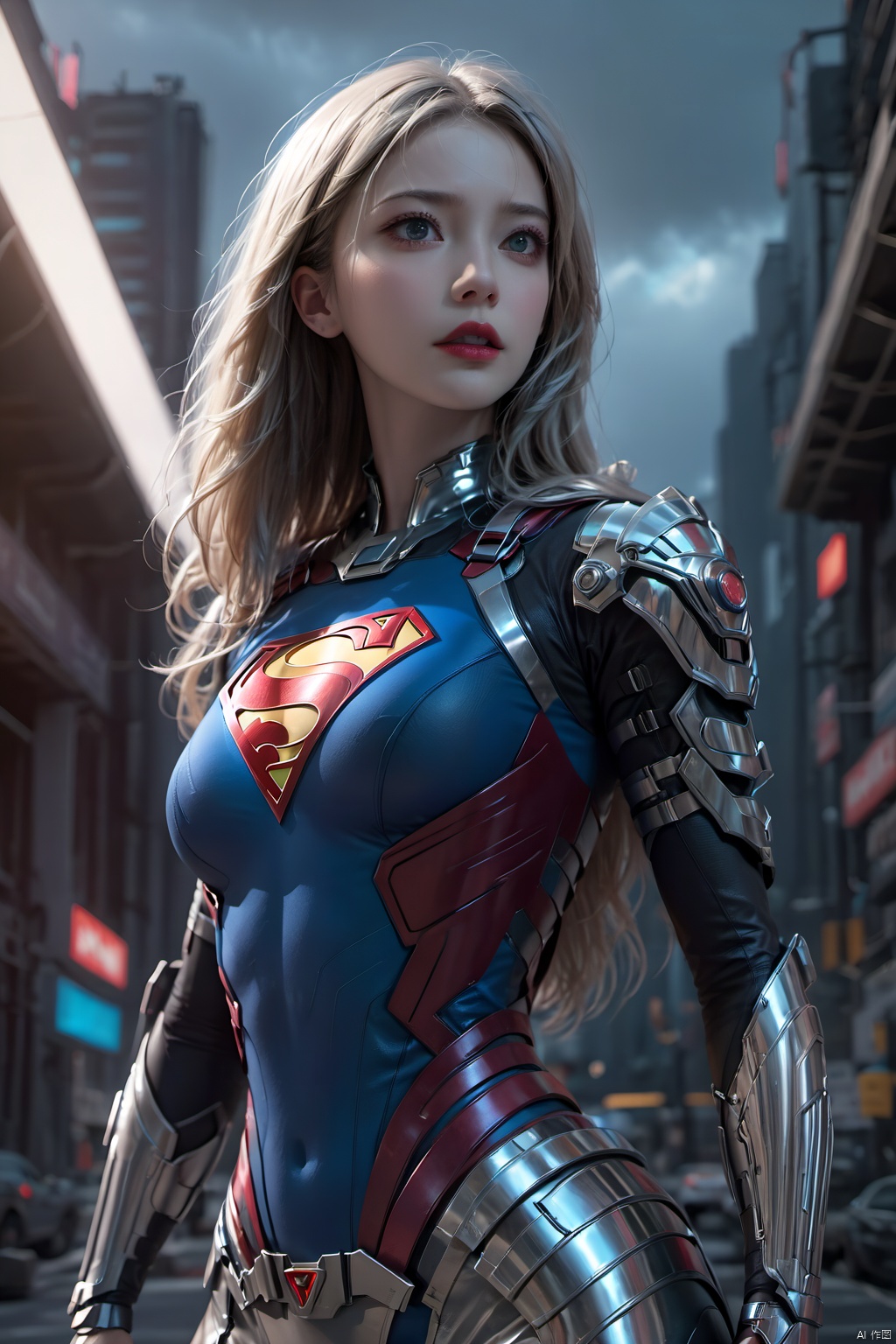 Supergirl, realistic, horror art, Vivid Colors, 8K, Ray Tracing Ambient Occlusion, Futurism, superb, professional, cyberpunk chrome accent body armor, horror element, dark cloudy sky background, deep shadow
