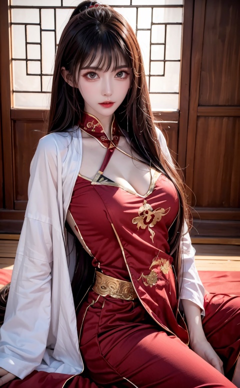  RAW photo, best quality, masterpiece, realisitc skin texture, professional photography, ultra high details, 32K, 1girl,taoist robe,long hair, breasts, Perfect bust, Seductive beauty, fangfang