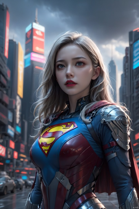 Supergirl, realistic, horror art, Vivid Colors, 8K, Ray Tracing Ambient Occlusion, Futurism, superb, professional, cyberpunk chrome accent body armor, horror element, dark cloudy sky background, deep shadow
