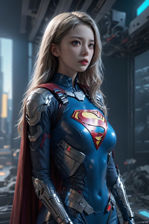  Supergirl, realistic, horror art, Vivid Colors, 8K, Ray Tracing Ambient Occlusion, Futurism, superb, professional, cyberpunk chrome accent body armor, horror element, dark cloudy sky background, deep shadow
