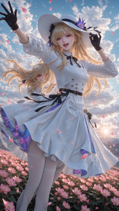 hycg,Phoebe\(wuthering waves\),zxww,hysp,Phoebe\(wuthering waves\),1girl,solo,long hair,looking at viewer,smile,open mouth,bangs,blonde hair,gloves,long sleeves,hat,dress,ribbon,jewelry,purple eyes,flower,pantyhose,earrings,outdoors,sky,black gloves,cloud,white dress,petals,feet out of frame,white headwear,outstretched arm,white pantyhose,sun hat, lighting,visual storytelling,fashion pose,((Tyndall Effect 1.4)),(wlop:0.6),((artist:reoen)),((artist:fuzichoco)),((artist:atdan)),((artist:torino_aqua)),year 2024:0.8,[artist:wlop],[artist:ningen_mame],artist:ciloranko,[[artist:rhasta]],artist:tidsean,colorful,best quality,very aesthetic,absurdres,32K UHD,sharp focus,best-quality,Emotionalization,temperate atmosphere,with a high-end texture,in the style of fashion photography,Dynamic,impactful picture,(Visual impact:1.2),official art,