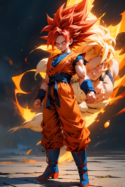  (best quality, masterpiece),solo, (1girl), red eyes, super saiyan, red hair, son goku, boots, aura, full body, clenched hands, blue footwear,