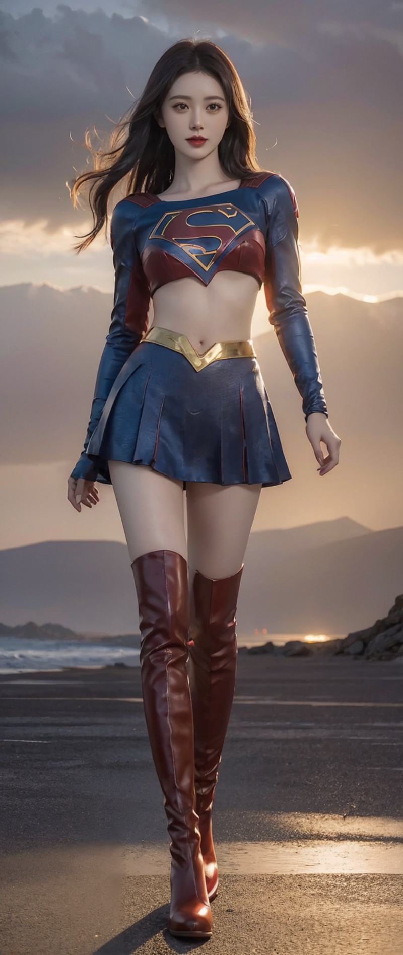  a hero supergirl ,25 age , green eyes , long brown hair , pantie , sport figure , full body , big boobs,fly in the sky with golden clouds,supergirl. Red long leg boots.,Blademancer. Clouds,Blademancer, linyuner