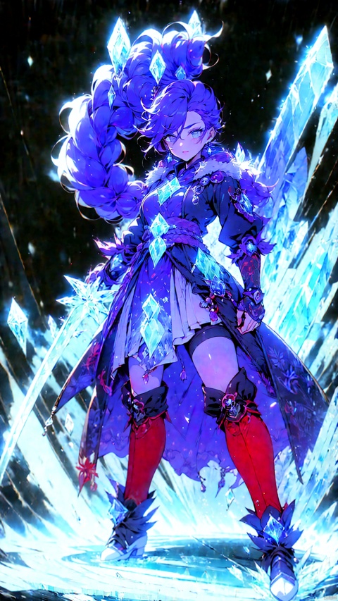  1 girl,Peter Draws, digital illustration, comic style, Dong Son drum patterns background, black and white contrast.perfect anatomy, centered, dynamic, highly detailed, watercolor painting, artstation, concept art, smooth,Long Hair,Purple Hair,hair, long hair, winter attire, dress, knee-high boots, over-the-knee socks, rapier, combat stance,ice sword,sword,blue fire,The ice sword is in her hand,Swords and swords,Ice Crystal,(Ice crystal:1.5),Cotton boots,Winter coat,cute face,big eyes,Bright eyes,breasts,red Lips,Combat Posture,gesture, wallpaper