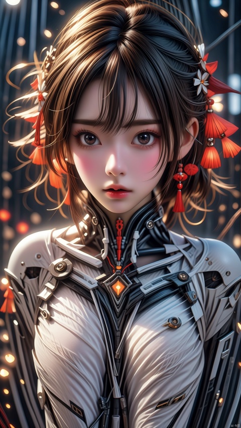 cyborg,slim, elegant,robotic parts, vibrant details, luxurious cyberpunk, lace, hyperrealistic, anatomical, facial muscles, cable electric wires, microchip, beautiful background,an extremely delicate and beautiful, Amazing,official art,
masterpiece, best quality, illustration, finely detail,extremely detailed cg unity 8k wallpaper, highres,beautiful detailed face and eyes and hair:1.1,amazing, (mecha),(Luminescent particle:1.5),
high saturation,low brightness,portrait,
Industrial wind, Chinese architecture, Smoggy,
drill hair, hairclip, bracelet, ribbon, halo, earring,
(16yo), extremely detailed eyes, sexy, Moist lips,
looking at viewer, solo, focus legs, dynamic pose,
student, suits, white shirt, pleated skirt,(White stockings),<lora:660447313082219790:1.0>
