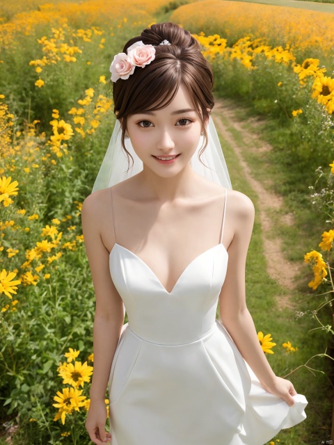 zoey_600x800_nobkgrnd-person,(medium breasts),1girl,dynamic angles,masterpiece,(detailed),(perfect skin),standing,wearing a wedding dress,holding flowers,in a field with flowers,solo,brown hair,black hair,teeth,brown eyes,short hair,a red bow in her hair,cleavage,earrings,smile,watch,collarbone,lips,epic-Ultra-HD-details,epic-Ultra-HD-highlights,perfect eyes,both eyes are the same,hd,ray tracing,4k,8k,(((full body))),(photoshoot poses),(looking at viewer),,,by mooncryptowow,
