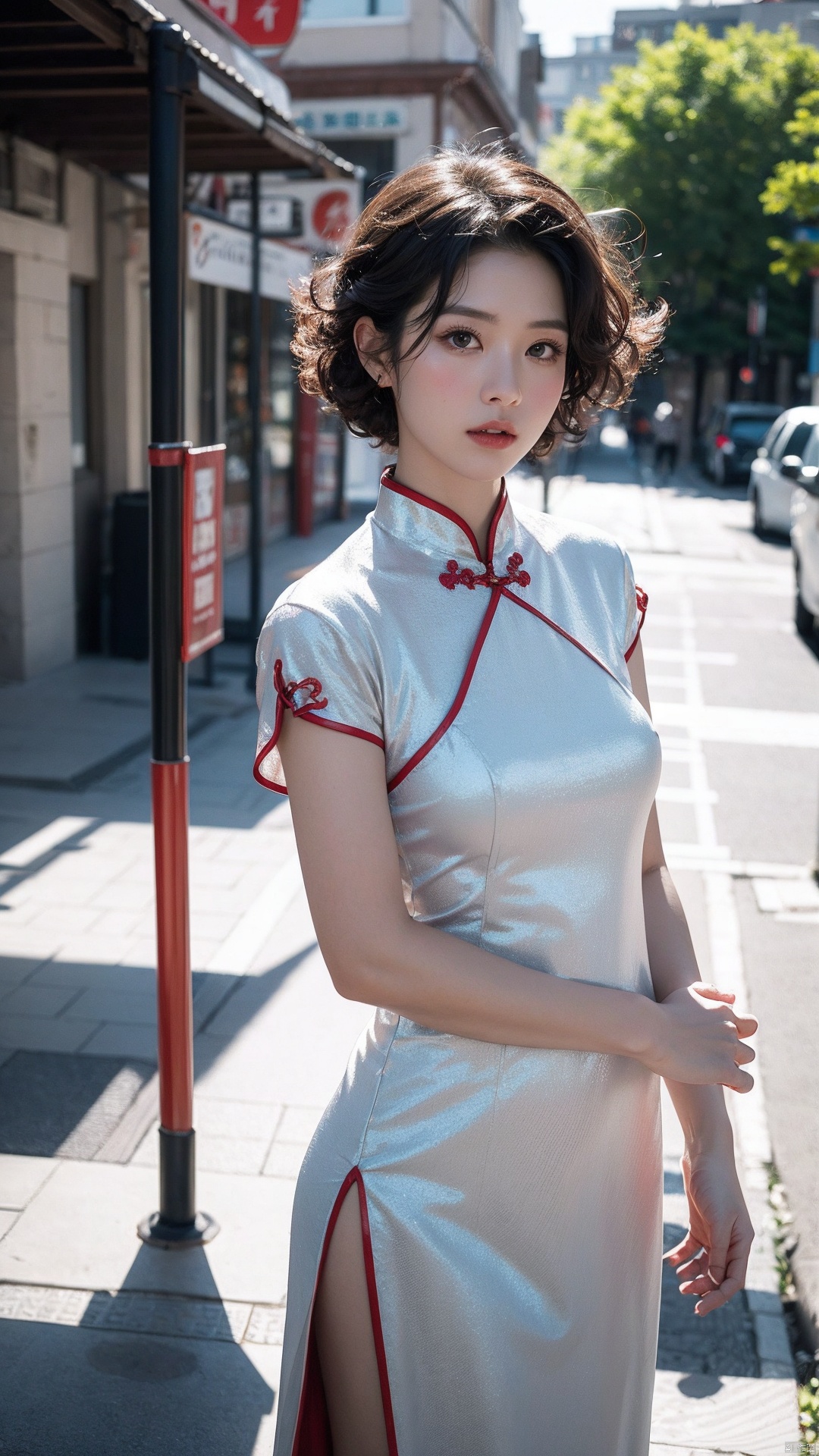  RAW photo, Best quality), (photo-realistic:1.3), Best quality, Highly detailed, Masterpiece, Ultra detail, illustration, 1girll,8k wallpaper,astounding,Cinematic lighting effects,Natural soft light,Short curly hair,on cheongsam,In the daytime,exteriors,the street,facing to audience,Stand up