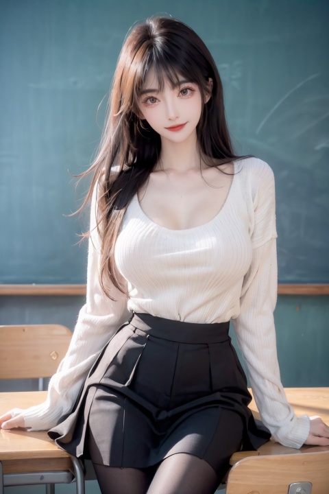  Masterpiece, best quality, exquisite face, (pretty girl), coat, shirt, skirt, pantyhose, indoor, teacher, classroom, blackboard, smile, glasses, perfect figure, slim figure, (black hair), big boobs, huge breasts, tight chest, backlight, ((exquisite facial features)), exquisite hairstyle, exquisite five fingers, ultra-fine, pay attention to facial details, ((extreme details)), masterpiece. 
Perfect, first-class, prominent, bright and colorful tones, 3D, high resolution, 1 girl, beautifully dressed, transparent, (sweater: 1.3), potatoes, hand101, fangfang