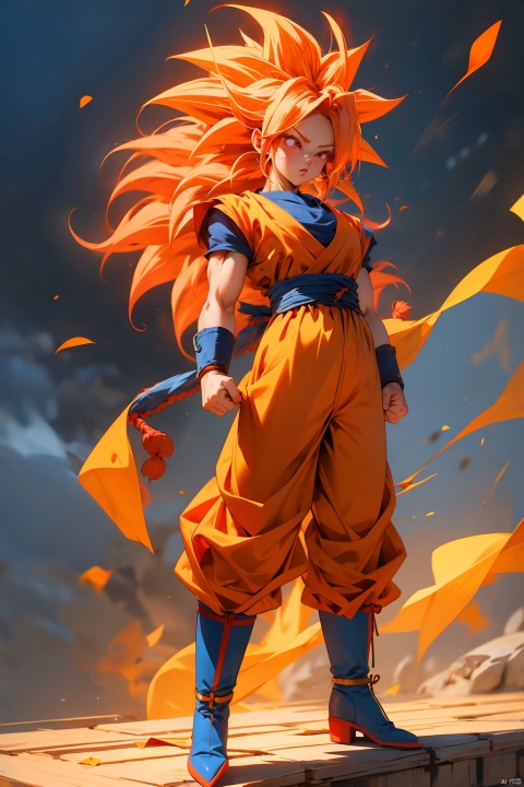  (best quality, masterpiece),solo, (1girl), red eyes, super saiyan, red hair, son goku, boots, aura, full body, clenched hands, blue footwear,