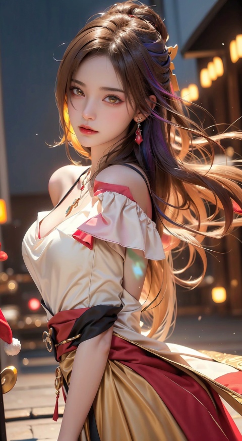  1girl,Bangs, off shoulder, colorful_hair, ((colorful hair)),golden dress, yellow eyes, chest, necklace, pink dress, earrings, floating hair, jewelry, sleeveless, very long hair,Looking at the observer, parted lips, pierced,energy,electricity,magic,tifa,sssr,blonde hair,jujingyi, christmas,skirt,thighhighs,white_dress