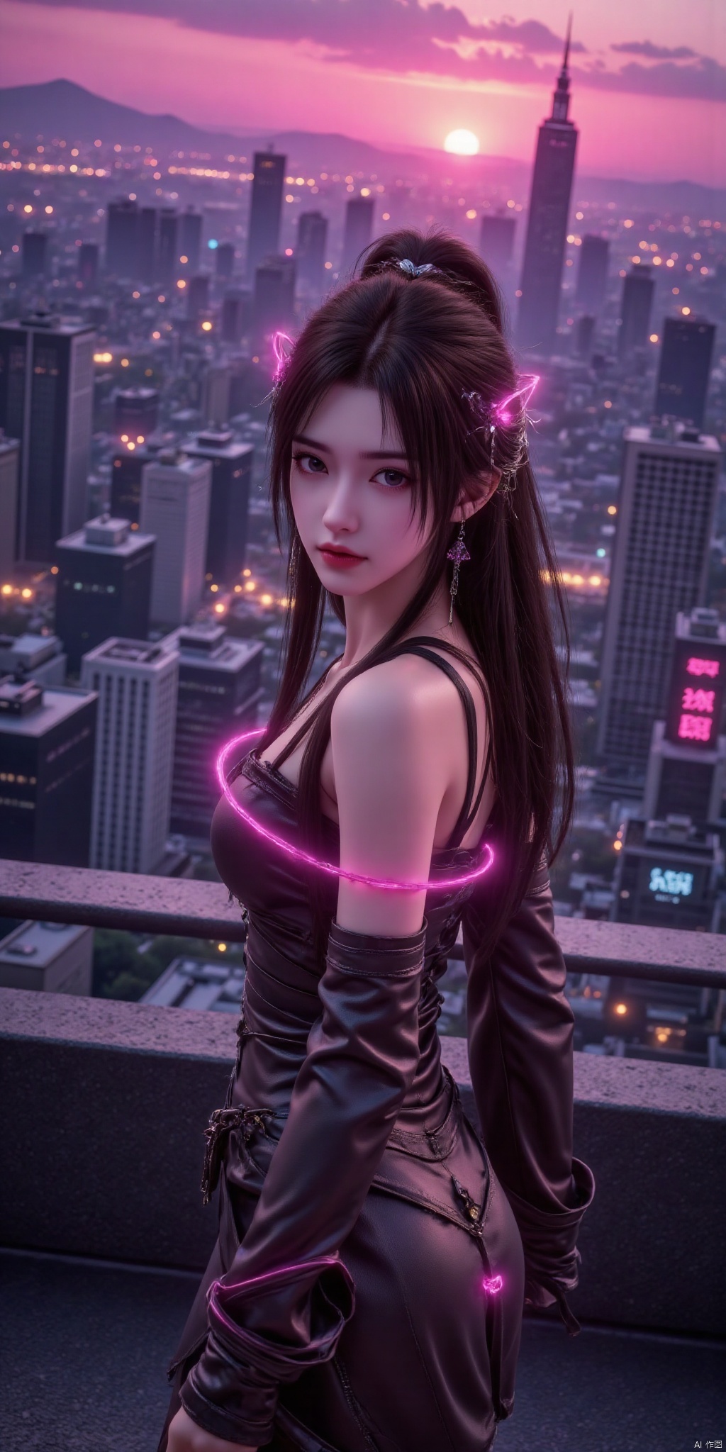 真人肌肤纹理, 4K画质,完美身材,1girl, ,best quality, masterpiece, realistic,(Good structure), DSLR Quality,Depth of field,,looking_at_viewer,Dynamic pose, neonpunk style Neon noir leogirl,hANMEIMEI,realistic photography,,On the rooftop of a towering skyscraper,a girl stands,facing the camera directly. Behind her,a multitude of skyscrapers stretches into the distance,creating a breathtaking urban panorama. It's the perfect dusk moment,with the evening sun casting a warm glow on the girl's face,intensifying the scene's impact. The photo captures a sense of awe,with the sharpness and realism making every detail vivid and clear,Hair fluttered in the wind,long hair,halterneck, . cyberpunk, vaporwave, neon, vibes, vibrant, stunningly beautiful, crisp, detailed, sleek, ultramodern, magenta highlights, dark purple shadows, high contrast, cinematic, ultra detailed, intricate, professional,,
