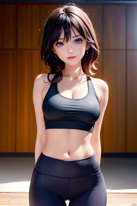  masterpiece,best quality,official art,extremely detailed CG unity 8k wallpaper, girl, solo, (arms behind back:1.4), bare shoulders, cleavage, clavicle, (yoga sports bra, yoga pants, yoga movement:1.1),