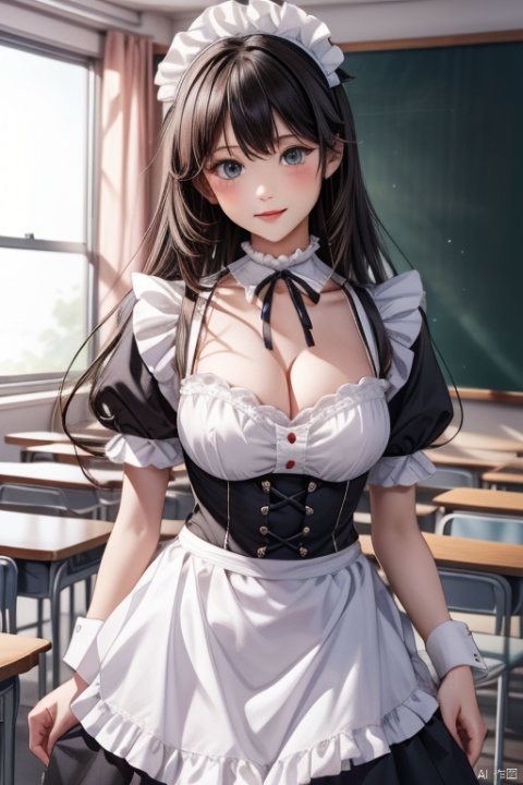 maid headdress, (white shirt), frilled shirt, (white frilled apron), white short sleeves, puffy sleeves, cleavage), cuffs, white frilled choker with black neck ribbon, cute, teen, black long hair, big breasts,classroom
