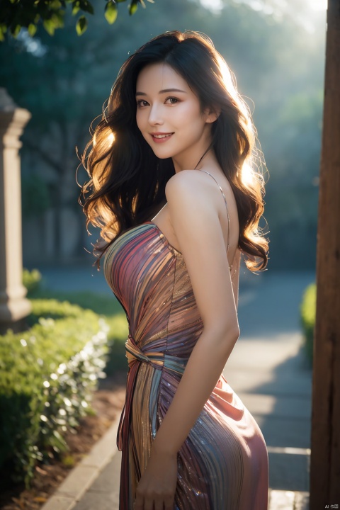  A mature woman stands in a thin-strapped multicolored dress (tight-fitting), illuminated by a gentle backlighting effect. Her silhouette is outlined softly, creating a dreamy and elegant atmosphere, (out door), (solo), (half body), jewelry, Wavy curls hair style,look at viewer, beautiful, masterpiece, high quality, very detail face, (big breast:0.6), Smiling ultra high resolution,cinematic light, detailed environment(real), motion blur, depth of field, ((perfect body)), , (masterpiece,best quality:1.5),