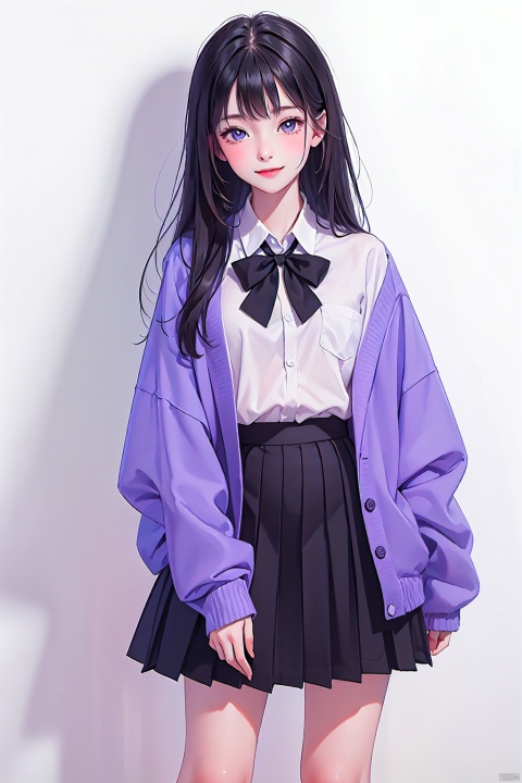 (best quality), ((masterpiece)), (highres), illustration, original, extremely detailed,1girl, solo, skirt, long hair, socks, smile, white background, brown hair, looking at viewer, kneehighs, bow, shirt, simple background, own hands together, school uniform, purple eyes, pleated skirt, long sleeves, cardigan, white shirt, bowtie, bangs, blush, collared shirt, closed mouth, black skirt, standing, black socks
