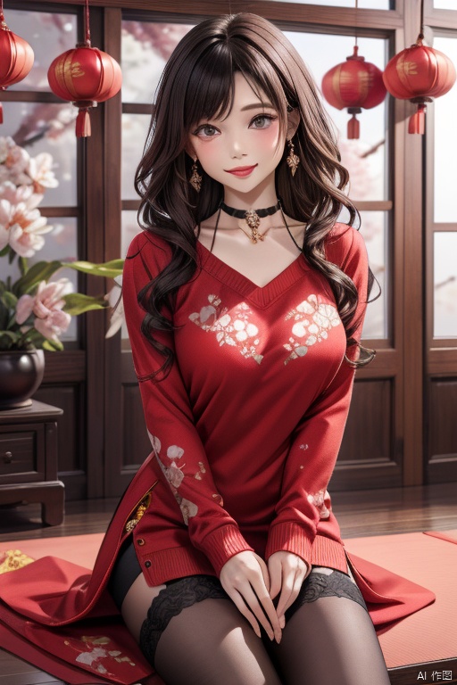  wavy hairwavy hair（（（The eyes are delicate）））,hair adornments,choker necklace,Woman wearing sexy red lace sweater,Room filled with Chinese New Year decorations（（Grinning））（（（tmasterpiece）））, （（Best quality））, （（intricately details））, （（hyper realisitc））（8K）