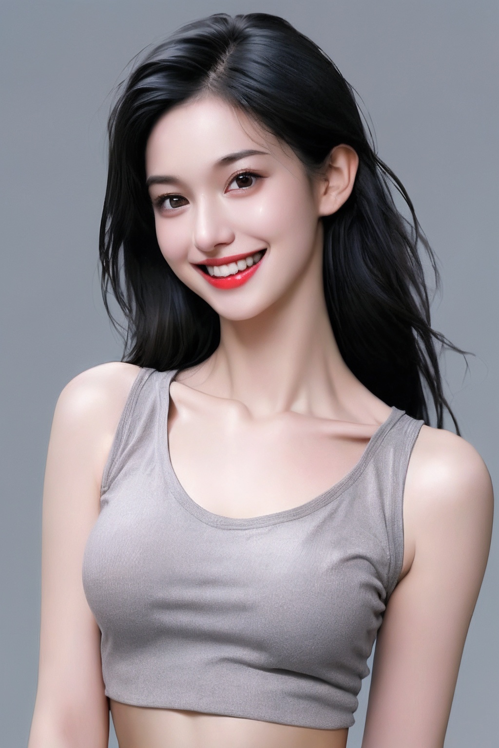  1girl, artist_name, bare_shoulders, black_hair, breasts, brown_eyes, collarbone, crop_top, grey_background, lips, long_hair, looking_at_viewer, midriff, navel, nose, realistic, smile, solo, ****_top, teeth