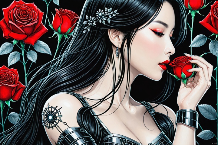 (((medium full shot))), (Masterpiece, best quality, ultra-detailed:1.3), (nice hands, perfect hands), official art, cinematic light, (1girl:1.3), adult woman, solo, long hair, breasts, black hair, red eyes, holding, upper body, flower, blurry, from side, lips, petals, eyelashes, profile, rose, red flower, science fiction, red rose, realistic, nose, android, holding flower, red lips, joints, robot joints, beautiful, highly detailed, delicate, very sharp focus, stunning, attractive, deep background, illuminated glowing, intricate, elegant, luxurious, extremely coherent, artistic, scenic, dazzling, dramatic ambient   Biomech, ink drawing, anatomical, Da_Vinci, vitruvian   circuitboard, dark futuristic
