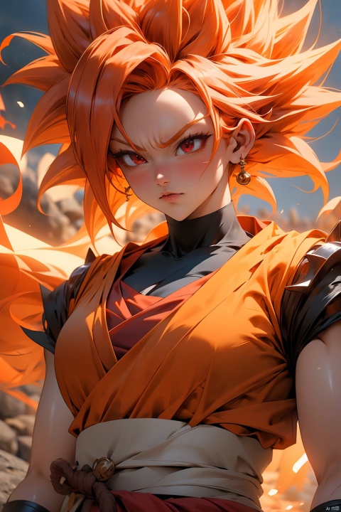  (best quality, masterpiece),solo, 1girl, red eyes, super saiyan, red hair, son goku, aura, clenched hands, Half body,