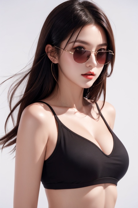  RAW photo,best quality,masterpiece,realisitc skin texture,professional photography,ultra high details,32K,1girl, long hair,Perfect bust,Seductive beauty,white background,The upper part of the body, 1girl, chang,Punk, short hair, sunglasses