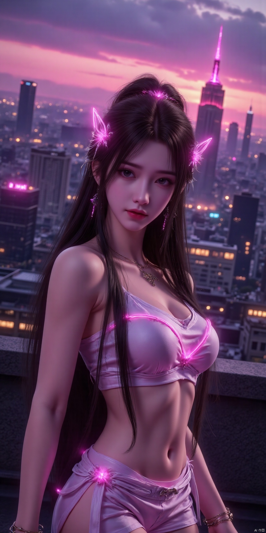 真人肌肤纹理, 4K画质,完美身材,1girl, ,best quality, masterpiece, realistic,(Good structure), DSLR Quality,Depth of field,,looking_at_viewer,Dynamic pose, neonpunk style Neon noir leogirl,hANMEIMEI,realistic photography,,On the rooftop of a towering skyscraper,a girl stands,facing the camera directly. Behind her,a multitude of skyscrapers stretches into the distance,creating a breathtaking urban panorama. It's the perfect dusk moment,with the evening sun casting a warm glow on the girl's face,intensifying the scene's impact. The photo captures a sense of awe,with the sharpness and realism making every detail vivid and clear,Hair fluttered in the wind,long hair,halterneck, . cyberpunk, vaporwave, neon, vibes, vibrant, stunningly beautiful, crisp, detailed, sleek, ultramodern, magenta highlights, dark purple shadows, high contrast, cinematic, ultra detailed, intricate, professional,,
