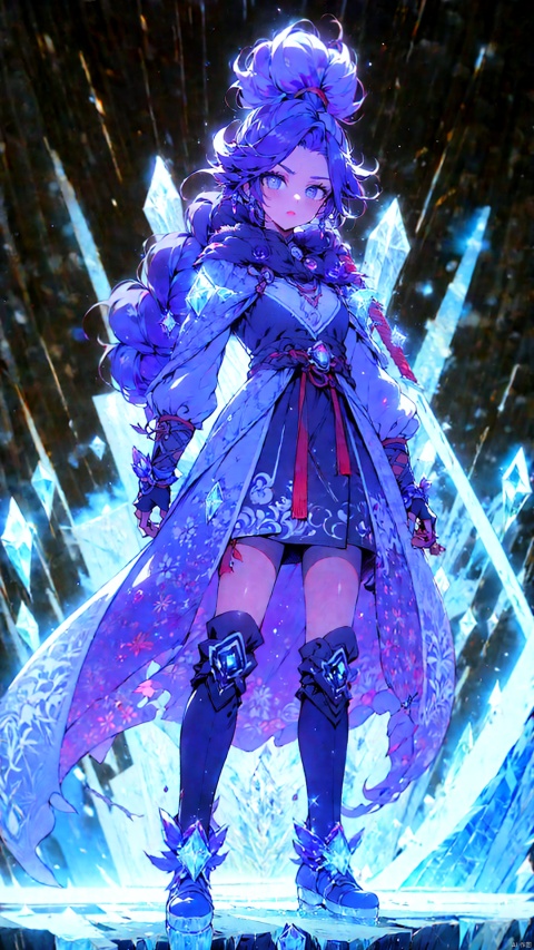  1 girl,Peter Draws, digital illustration, comic style, Dong Son drum patterns background, black and white contrast.perfect anatomy, centered, dynamic, highly detailed, watercolor painting, artstation, concept art, smooth,Long Hair,Purple Hair,hair, long hair, winter attire, dress, knee-high boots, over-the-knee socks, rapier, combat stance,ice sword,sword,blue fire,The ice sword is in her hand,Swords and swords,Ice Crystal,(Ice crystal:1.5),Cotton boots,Winter coat,cute face,big eyes,Bright eyes,breasts,red Lips,Combat Posture,gesture, wallpaper