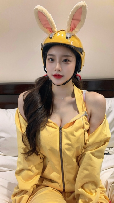  Meituan helmet, jacket, bunny ears, girl, breasts, yellow clothes, bare shoulders, sitting on bed, (large breasts, cleavage :0.7)