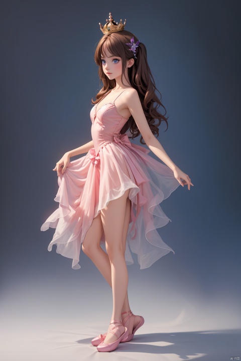 1girl, tutu, ballerina, solo, breasts, ballet slippers, brown hair, ballet, crown, athletic leotard, looking at viewer, leotard, bare shoulders, collarbone, full body, arched back, see-through, cleavage, mini crown, bangs, small breasts, dress, hair ornament, one side up, blue eyes, simple background, purple eyes, long hair
