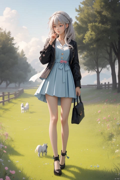 4k resolution, best quality, masterpiece, ultra high res,, A girl named Yuu Kashii,skinny,solo, highly detailed body, clothesWildcards_v10/Overfit style/overfit style1,Chilly,Peaceful meadows with grazing horses
