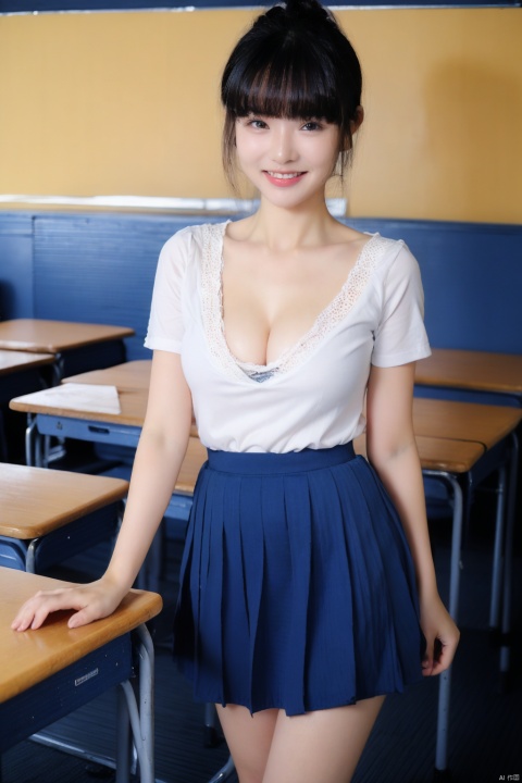  (Masterpiece),(Highest Quality),(Super Detail),1 Girl wearing a short blue skirt and white school uniform, ((cleavage)),full body,standing in front of the classroom and smiling happily at the camera, tutututu