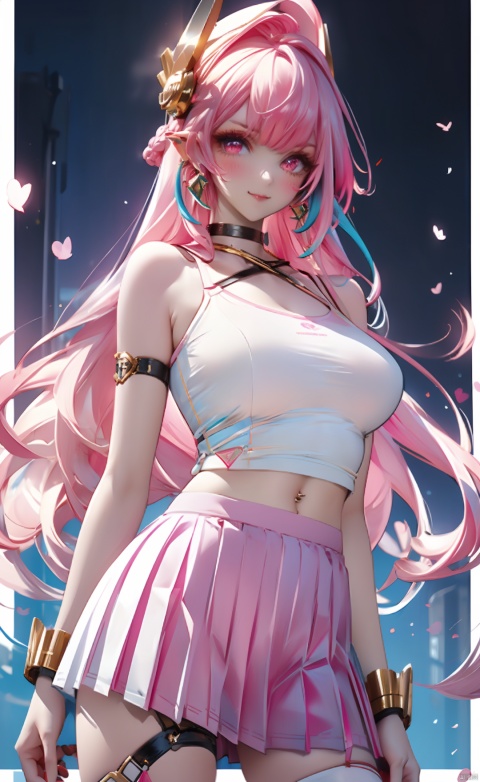  masterpiece, best quality, 1girl, solo, (silver hair:1.3), (pink hair:1.2), narrow waist, (slim:1.2), (large breasts:1.2), slim thighs, straight hair, blunt bangs, french braid, (multicolored hair:1.5), (two-tone hair:1.2), (gradient hair:1.3), multicolored eyes, standing, long hair, looking at viewer, blush, mature female, tall female, choker, multiple necklaces, wristband, thigh strap, (eyeliner:1.2), eyeshadow, (street:1.2), outdoors, upper body, (white camisole:1.3), navel, midriff, cleavage, curvy, (sportswear:1.2), (very long hair:1.1), (pleated skirt:1.3), earrings, piercing, smile, bare legs, sandals, mini skirt, (blue hair:1.3), (pink hair:1.3), ,