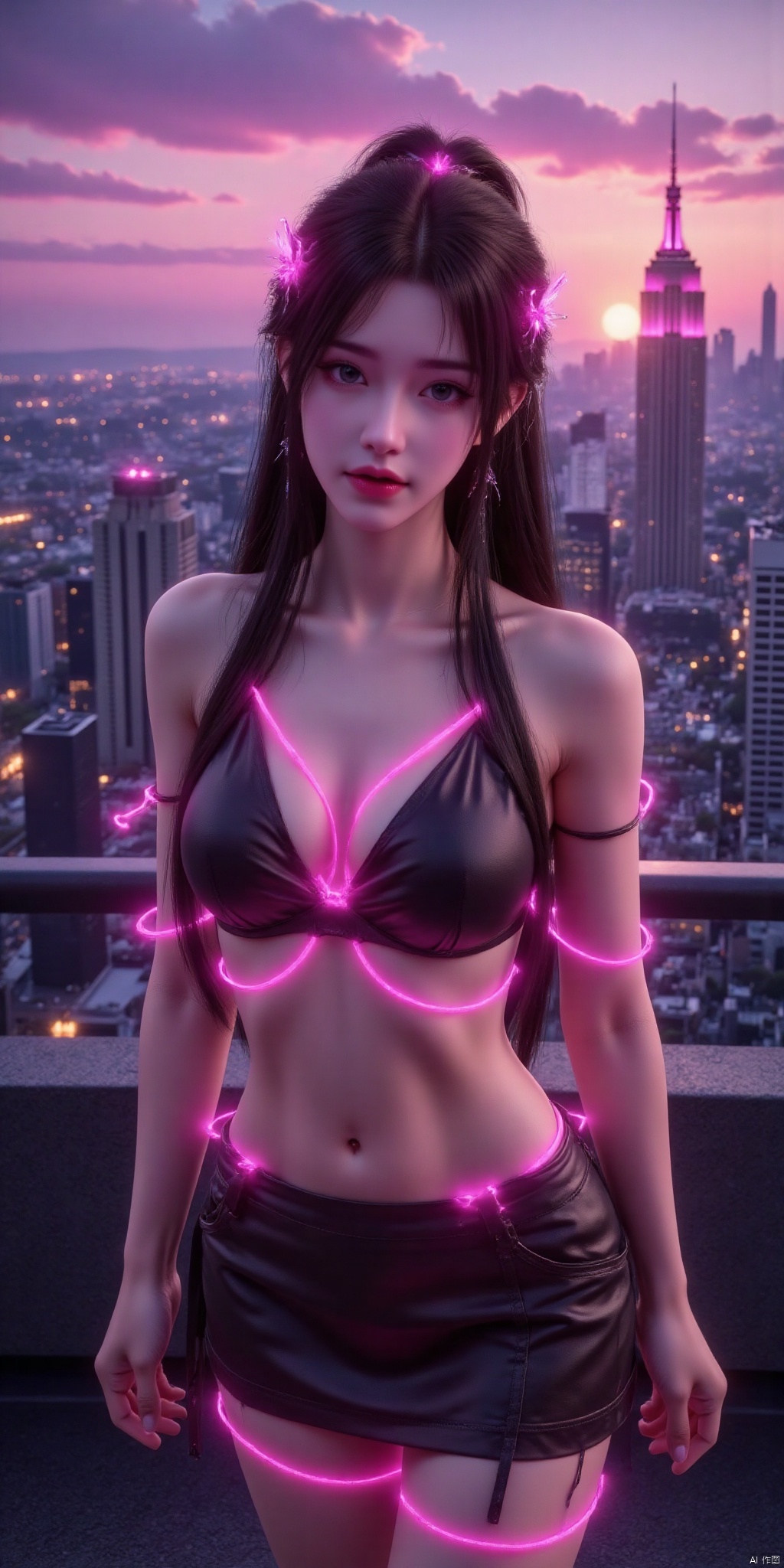 真人肌肤纹理, 4K画质,完美身材,1girl, ,best quality, masterpiece, realistic,(Good structure), DSLR Quality,Depth of field,,looking_at_viewer,Dynamic pose, neonpunk style Neon noir leogirl,hANMEIMEI,realistic photography,,On the rooftop of a towering skyscraper,a girl stands,facing the camera directly. Behind her,a multitude of skyscrapers stretches into the distance,creating a breathtaking urban panorama. It's the perfect dusk moment,with the evening sun casting a warm glow on the girl's face,intensifying the scene's impact. The photo captures a sense of awe,with the sharpness and realism making every detail vivid and clear,Hair fluttered in the wind,long hair,halterneck, . cyberpunk, vaporwave, neon, vibes, vibrant, stunningly beautiful, crisp, detailed, sleek, ultramodern, magenta highlights, dark purple shadows, high contrast, cinematic, ultra detailed, intricate, professional,,
