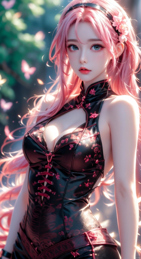 ,(face lighting:0.8),bright backlight,medium breasts,super high resolution,best quality,Photos,4k,(Realistic:1.2),xiaoyin,1girl,haruno sakura,solo,pink hair,short hair,gloves,green eyes,realistic,looking at viewer,hairband,
