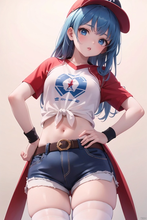  (best quality), ((masterpiece)), (highres), illustration, original, extremely detailed,1girl, solo, hat, shorts, blue eyes, blue hair, whistle, thighhighs, wristband, baseball cap, navel, long hair, midriff, short shorts, belt, shirt, hand on hip, lips, white shorts, white background, blue thighhighs, looking at viewer, tied shirt, simple background